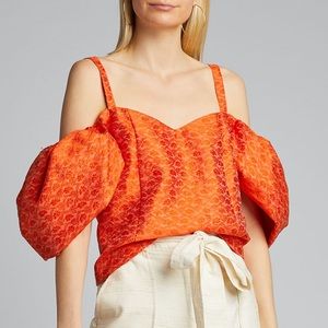 Rosie Assoulin Ra Ra Cold Shoulder Puff Sleeve Top in Orange